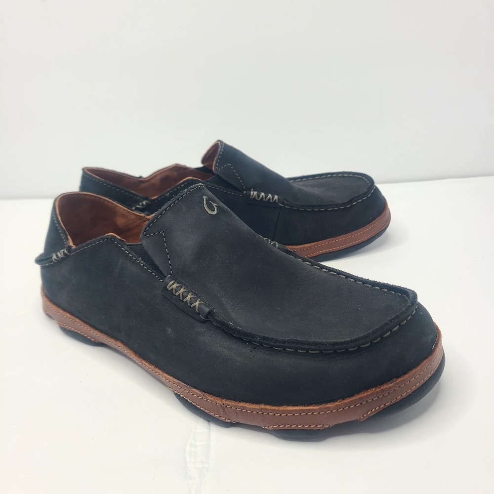 OluKai‎ Moloa Black Toffee Leather Slip On Drop In Heel Loafers Shoes Men's 9